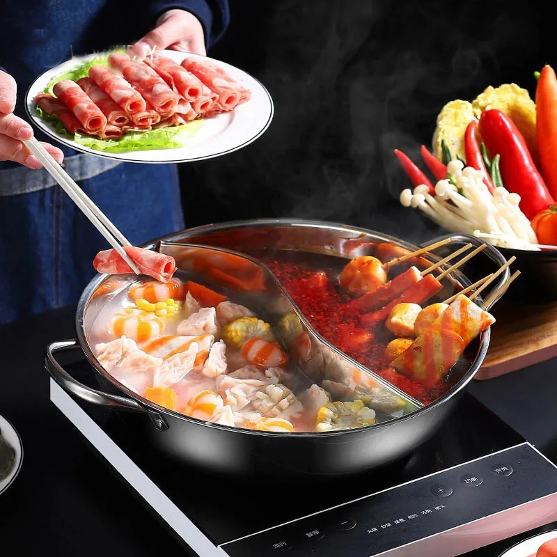 BOZZH Chinese Hot Pot With Interval Stainless Steel Pot Double-Flavor Cooking Tools Kitchen Induction Cooker Cookware