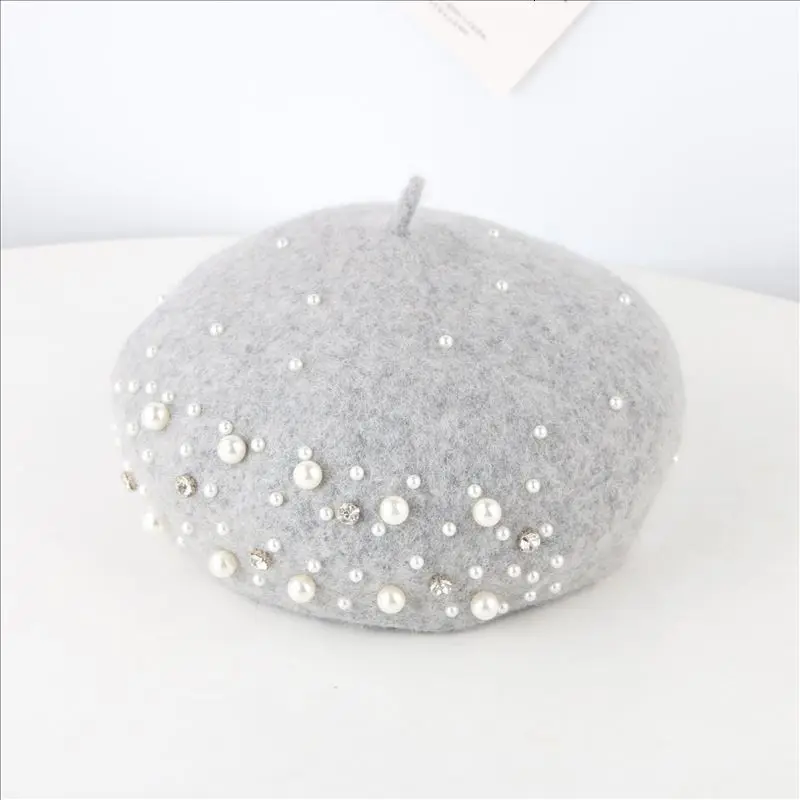 Lightgrey Семейные береты с жемчугом, зимние винтажные однотонные модные шапки для взрослых и детей, Роскошные теплые шерстяные береты унисекс для родителей и детей - Цвет: Lightgrey