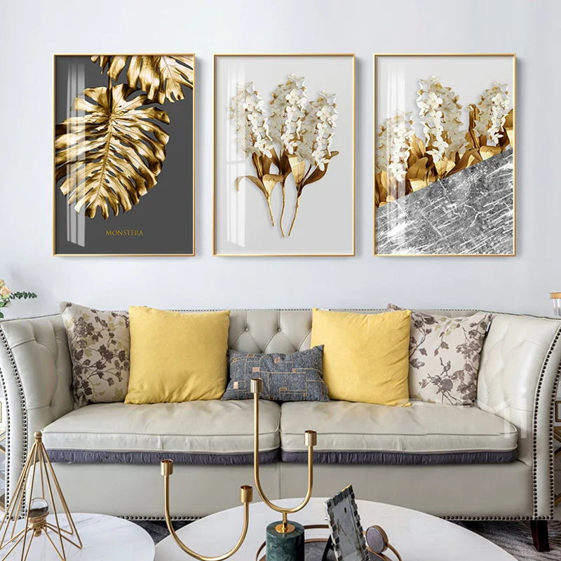 Nordic-Golden-abstract-leaf-flower-Wall-Art-Canvas-Painting-Black-white-feathers-Poster-Print-Wall-Picture (3)