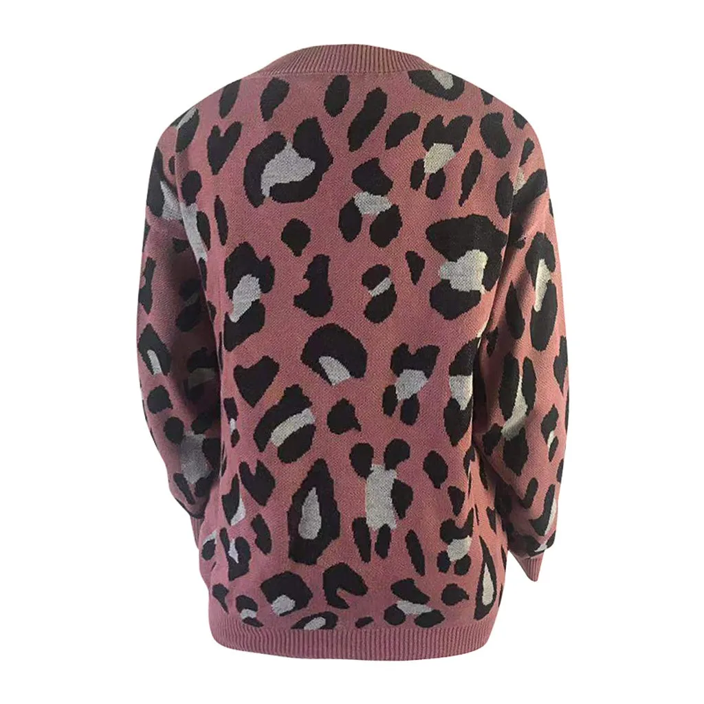 Jaycosin Fashion Casual Lady Leopard Sweater Chic Stylish Comfortable Soft Elegant Loose V-Neck Fit Tops Blouse sweater