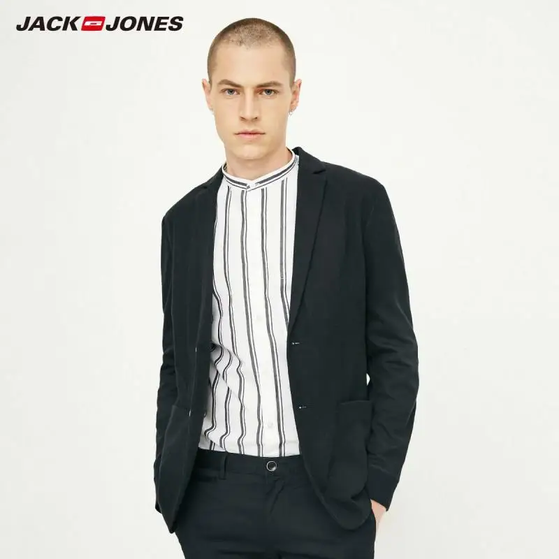 JackJones мужской осенний хлопковый и льняной приталенный Блейзер с длинными рукавами костюм куртка бренд Мужская одежда 218308505 - Цвет: MIDNIGHT