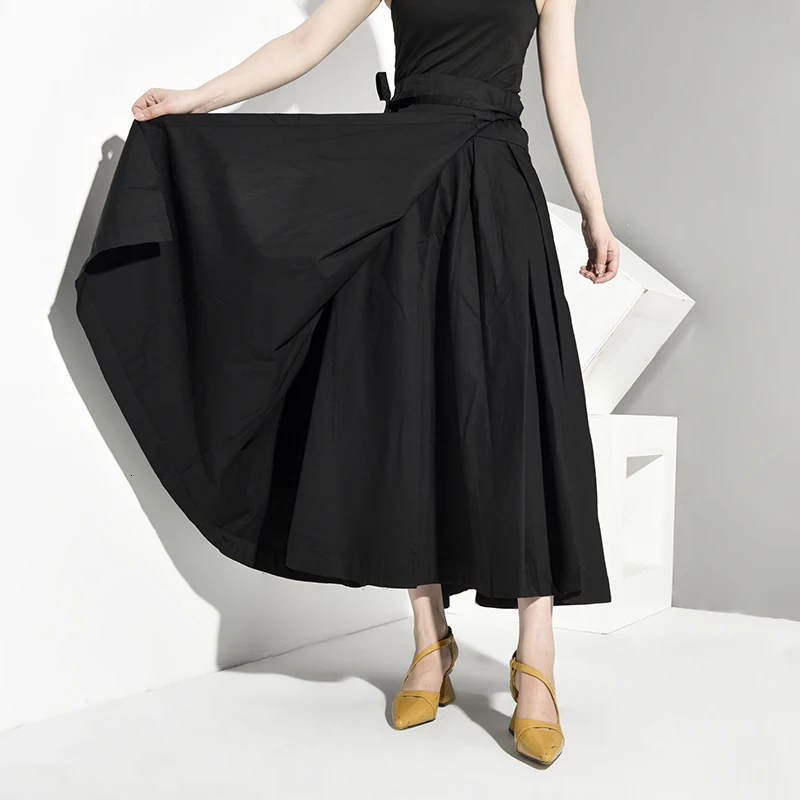 [EAM] High Waist Black Bandage False Two Spliced Loose Half-body Skirt Black Women Fashion Tide New Spring Autumn JR4780