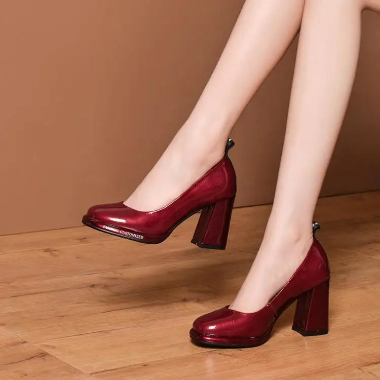 

High heels spring and autumn patent leather shallow sole leather thick heel waterproof platform women's toe layer leather 8.5cm