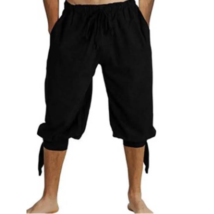 black New Men's Renaissance Pirate Clothing Medieval Trousers Viking Cos Role Playing and Knee Flax Trousers - Цвет: black