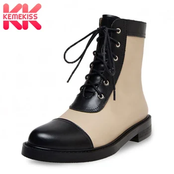 

KemeKiss Real Leather Women Ankle Boots Mixed Color Lacing Round Toe Patchwork Casual Flats Dress Street Women Shoes Size 34-39