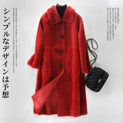 Зимние ягненка пальто с мехом Для женщин модные Однобортный свободная зимняя куртка Для женщин высокого качества пальто с мехом женские элегантные длинная куртка C мехом - Цвет: red