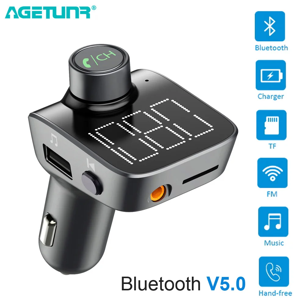 

AGETUNR Car Charger for iPhone Mobile Phone Handsfree FM Transmitter Bluetooth V5.0 Car Kit LCD MP3 Player Dual USB Charger