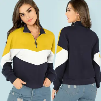 

Meihuida Women Casual Long Sleeve Zip Up Turtleneck Patchwork Pullover Crop Tops Sweatshirts Student Sports Gym Wear