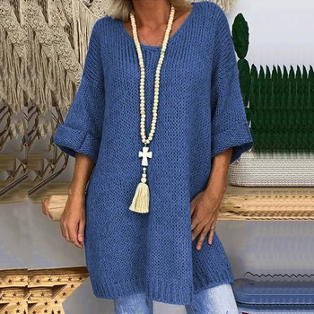 

Women O Neck sweater 3/4 Long Sweaters Autumn Winter Solid Warm Jumper Ladies Casual Long Pullover Knitted Sweater Dress