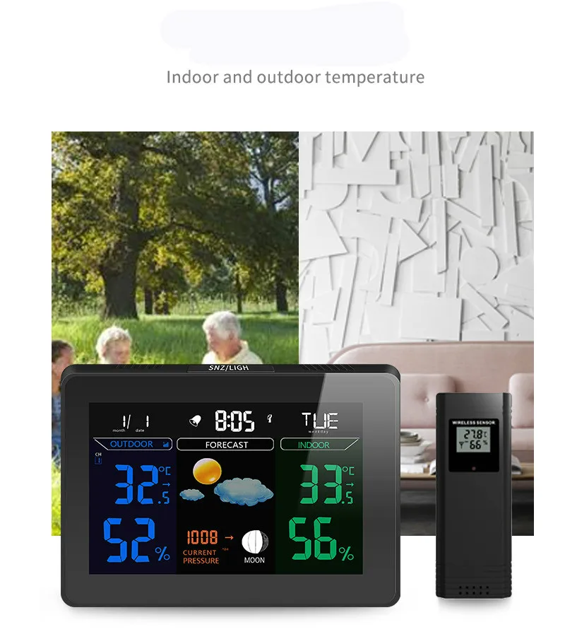 

Indoor Outdoor Temperature Monitor Digital Weather Station DCF77 RCC Thermometer RH% Barometric Pressure with 2 Wireless Sensor
