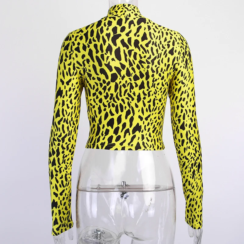 InstaHot модная леопардовая узкая эластичная футболка для женщин с длинным рукавом Осенний короткий узкий топ на каждый день со стоячим воротником для женщин