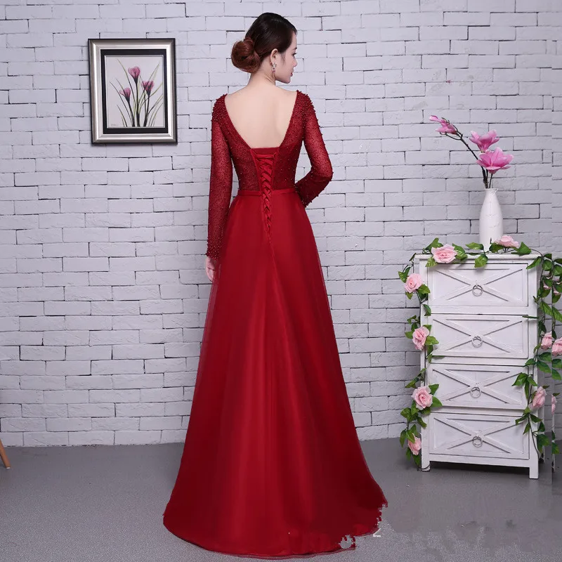 Online Es der YiiYa Red Long Sleeves Perlen Backless Tüll Blume Spitze Up Luxus Party Formale Kleid Bodenlangen Abendkleider LX062