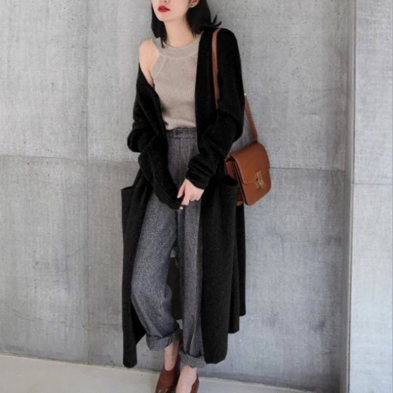 

New Women Casual Solid Color Round Neck Vintage Long Sleeve Loose Cardigan Warm Long Knit Coat