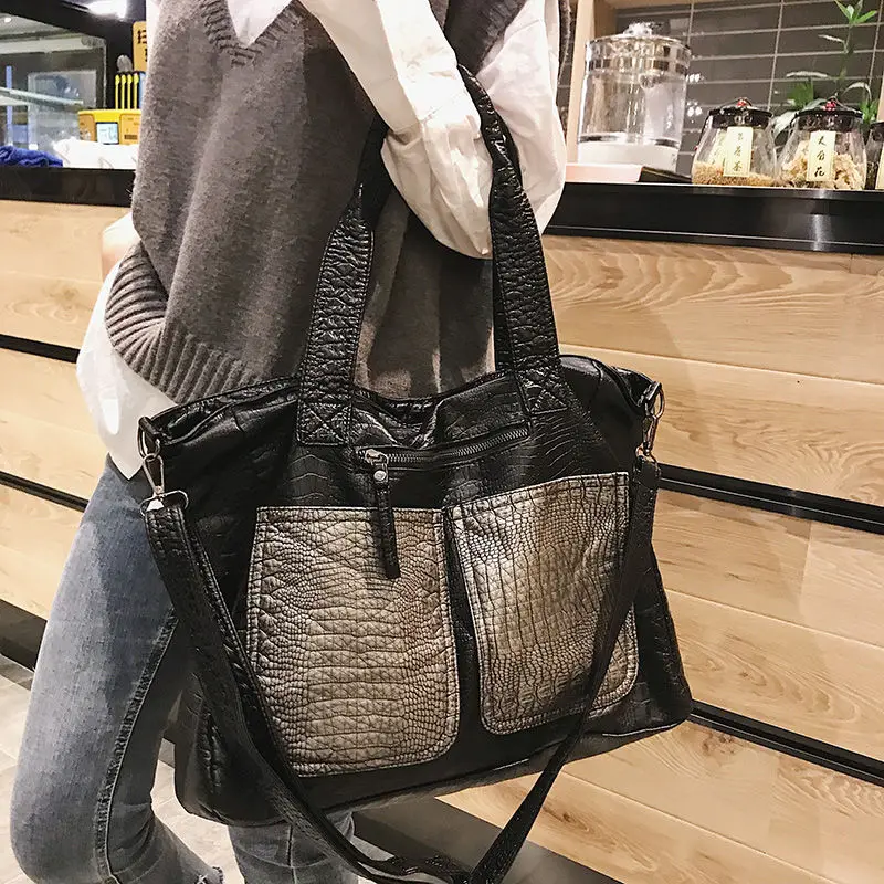 

Large Pocket Women Shoulder Bag 2022 Brand Crocodile Pattern PU Leather Big Handbag Contrasting Color Sac A Main Luxury Bag ItA