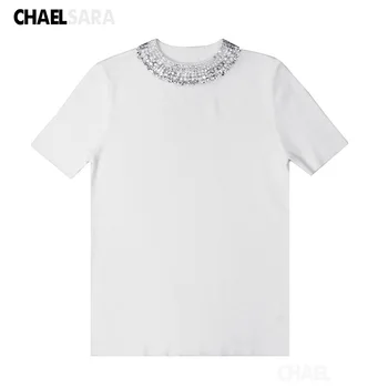 

Diamonds T Shirt Women 2020 New Elegant O Neck Short Sleeve Knit Tops
