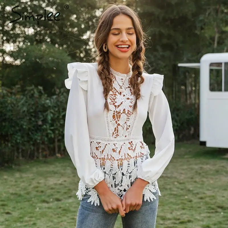 Simplee элегантная открытая женская блузка, рубашка, Цветочная кружевная вышивка, женские топы с оборками, высокая талия, длинный рукав, белая блузка, Топ