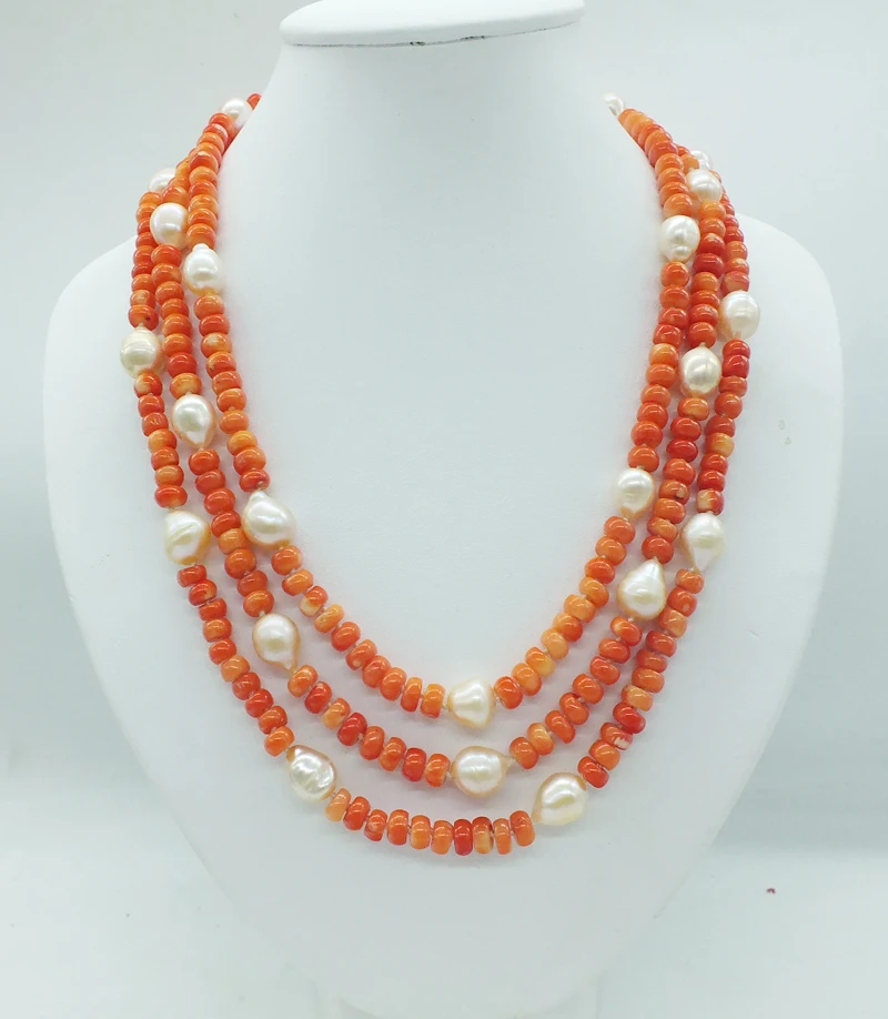 

rare! the last one! 3 rows of natural orange coral and natural pearl necklace, the most classic bridal wedding necklace 18-22"