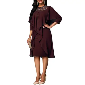 

Hot Elegant Women Solid Color 3/4 Sleeve Chiffon Lace Stitching Pleated Party Dress Chiffon Lace Stitching Pleated Party Dress