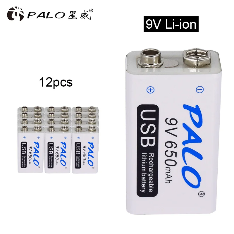 PALO 9V батарея 6F22 650mAh литий-ионная аккумуляторная батарея 9 вольт литиевая для мультиметра микрофон игрушка пульт дистанционного управления KTV использование - Цвет: 12Pcs