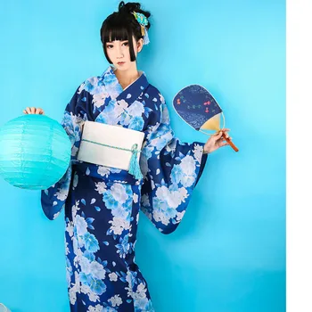 

Japanese Kimono Bathrobe Female Blue Camellia Free Ironing Anti-wrinkle Improved Kimono Formal Dress Traditional Kimono