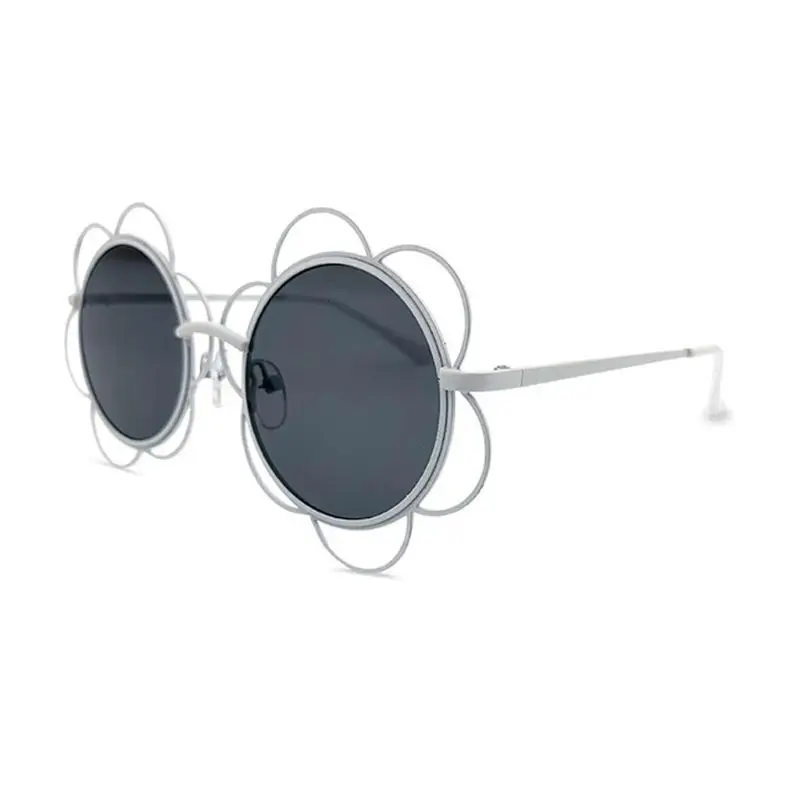 Солнцезащитные очки в форме подсолнуха для мальчиков и девочек, милые очки для детей, круглые солнцезащитные очки с металлическим цветком UV400 - Цвет линз: White and Gray