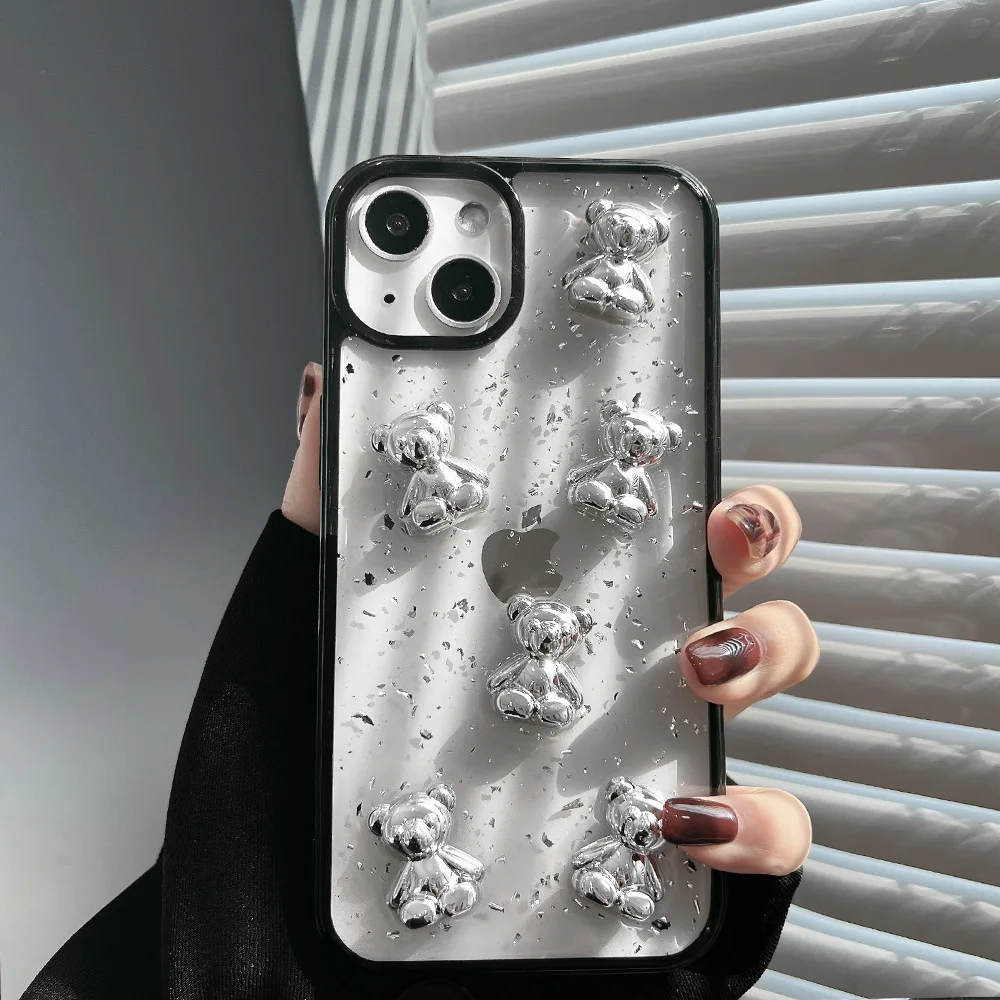 Retro kawaii silver foil bear transparent Phone Case For iPhone 13 11 12 Pro Max Xs Max XR 7 8 Plus X 7Plus case Cute Soft Cover