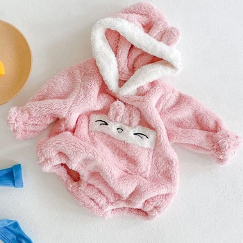 

Newborn Baby Girl Bodysuits Autumn Winter Infant Baby Girls Jumpsuit Hooded Cap Soft Velvet Kids Coral Warm Clothes Korean Style