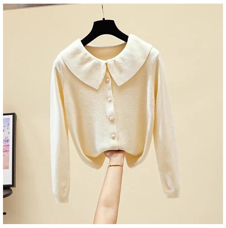 Nonis New Loose Women Knitted Cardigan Sweater Single-breasted Elegant Sweet Doll Collar Long Sleeve Jumper Lady Outwear