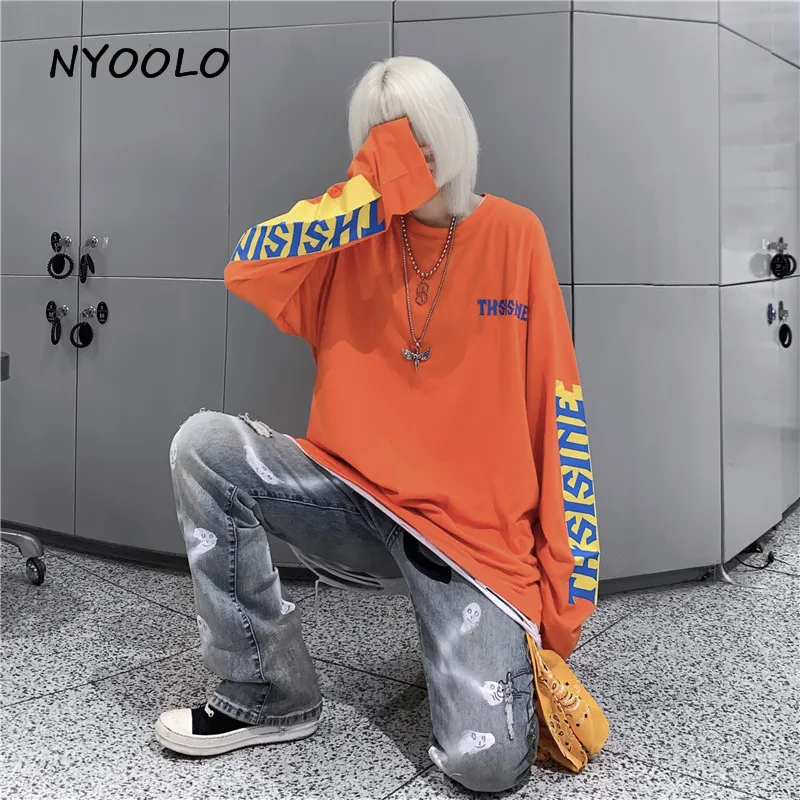 NYOOLO Harajuku стиль простая футболка с буквенным принтом Осенняя уличная свободная футболка с длинными рукавами и круглым вырезом Женская Мужская одежда Топ