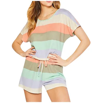 

Women's Pajamas Summer Pijama Sets Stripe Print O-Neck Sleepwear Cute Pijamas Short Sleeve Pyjamas Femme Home Wear Large Size