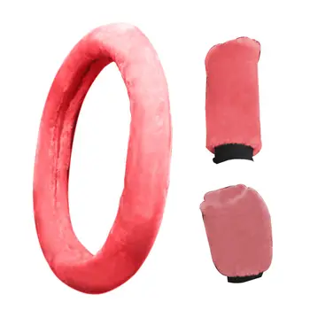 

3Pcs Set Black/Red/Pink Plush Auto Car Steering Wheel Cover Handbrake Gearshift Soft Plush Cover 38cm