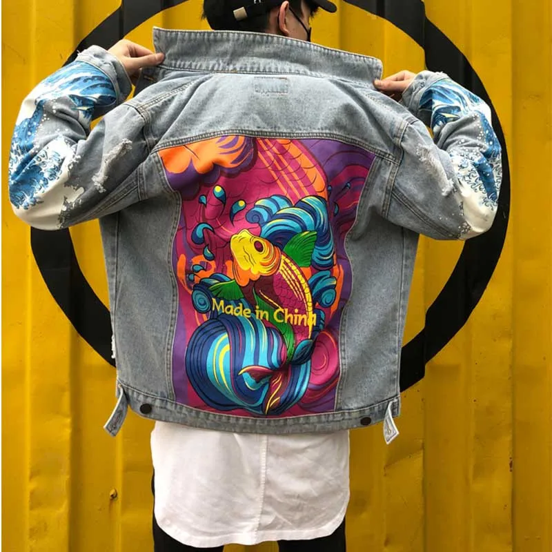 KIMSERE модные рваные джинсы с принтом куртки с рисунками для мужчин марка NEW Fashion Hi Street Проблемные окрашенные джинсовая куртка верхняя одежда