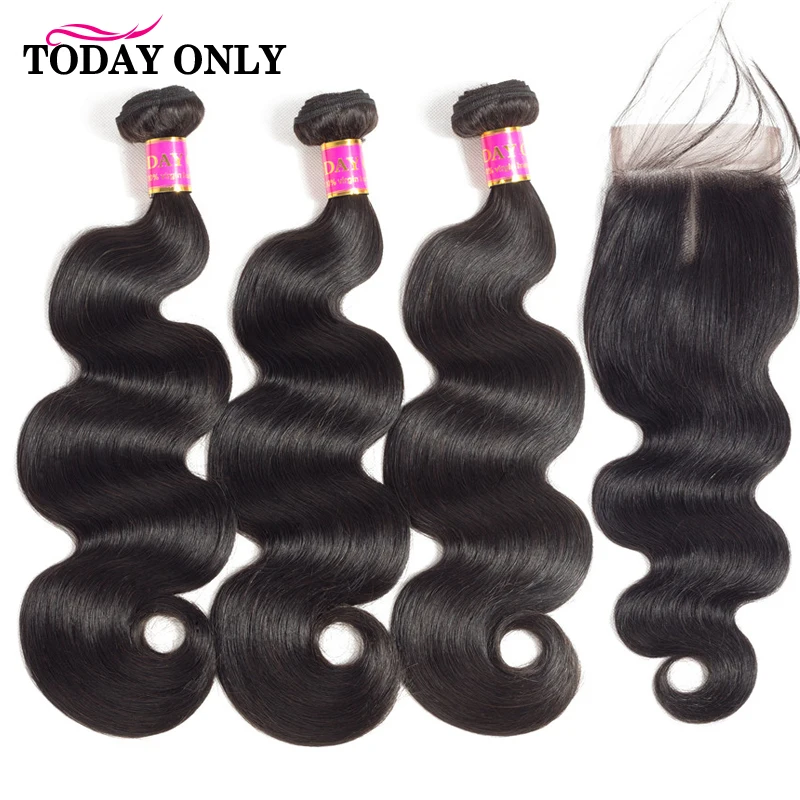 

TODAY ONLY Body Wave Bundles With Closure Brazilian Hair Weave Bundles Human Hair 3 Bundles With Closure 4x4 Remy Natural Color