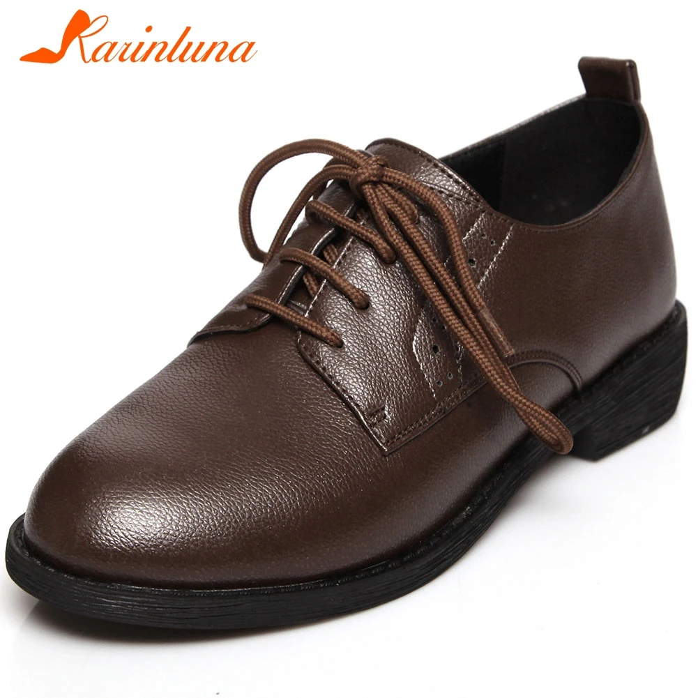 

KARINLUNA Brand Fashion Ladies Office Consise Comfortable Flats Lace Up Round Toe Chunky Heel Black Flats Women Shoes Woman