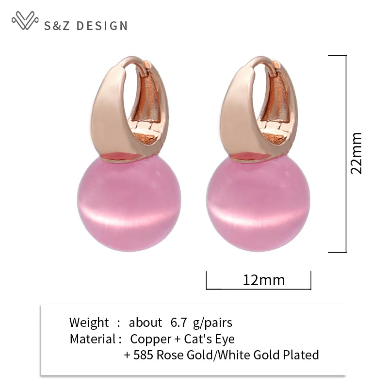 S&Z DESIGN New Fashion Round Cat's Eye Opals Beads Dangle Earrings For Women Wedding Rose Gold Color Jewelry