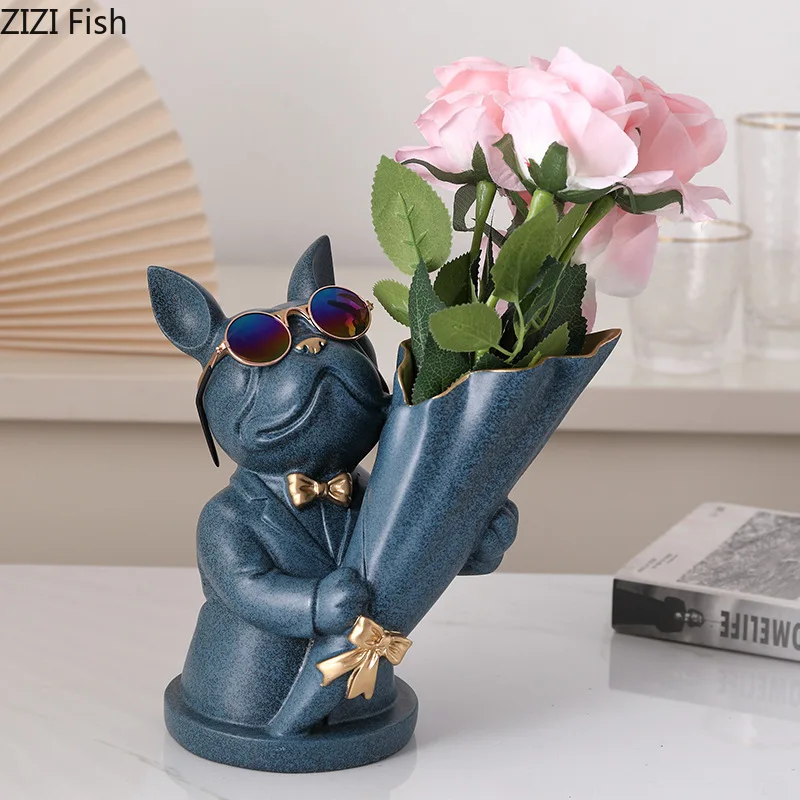 Creative Glasses Dog Vase Ornaments Bouquet Dog Statue Living Room Art