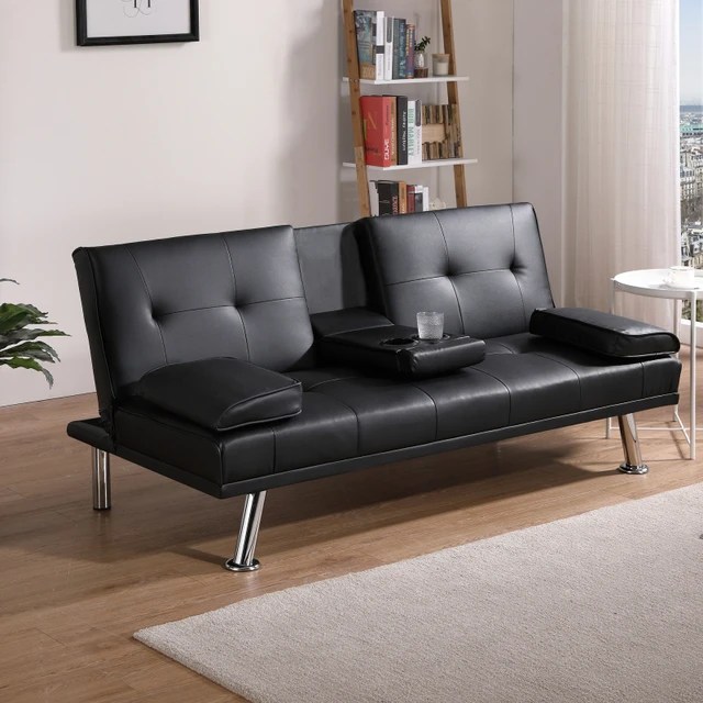 67 in Faux Leder Gepolsterten Falten Futon Sofa Bett für Kompakte Wohnraum  mit Abnehmbare Armlehnen, Metall Beine, 2 getränkehalter - AliExpress