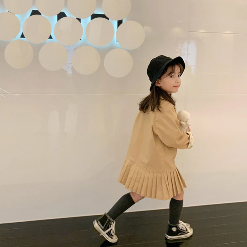 Kids Jacket Children Jacket And Coats for Girls Mid-Length Windbreaker Spring Autumn Polka Dot Pleated