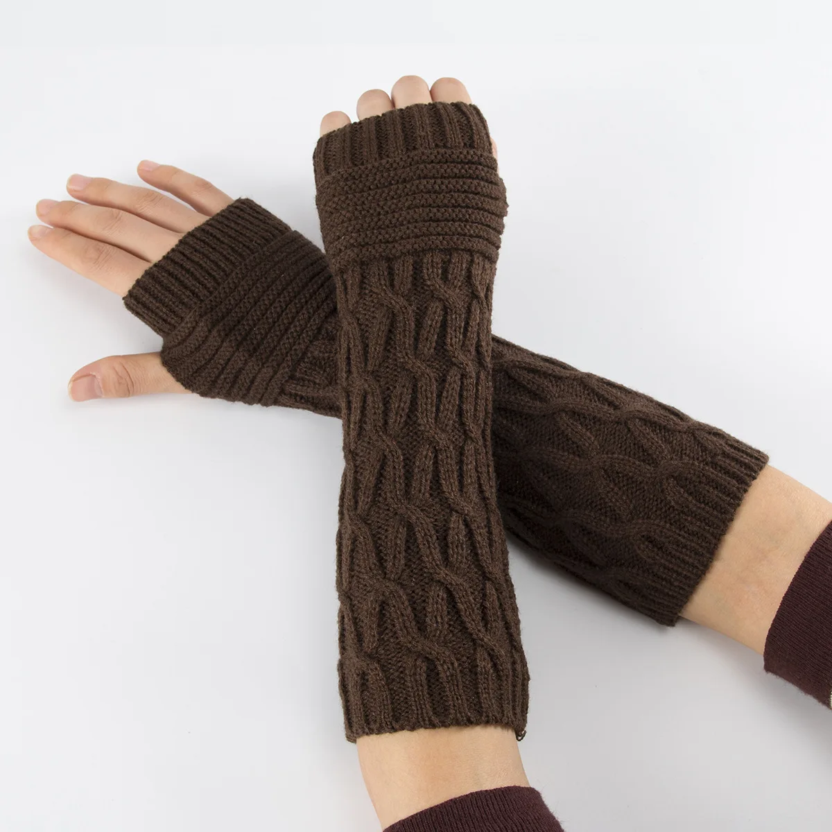 Dámské bezprsté rukavice - pletené, dlouhé (délka 30 cm), chránící celé zápěstí