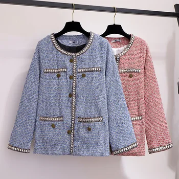 

HAMALIEL 2XL-6XL Oversize Fall Winter Tweed Jacket Coat Women Blue Plaid Weave Woolen Single Breasted Female Vintage Loose Coat