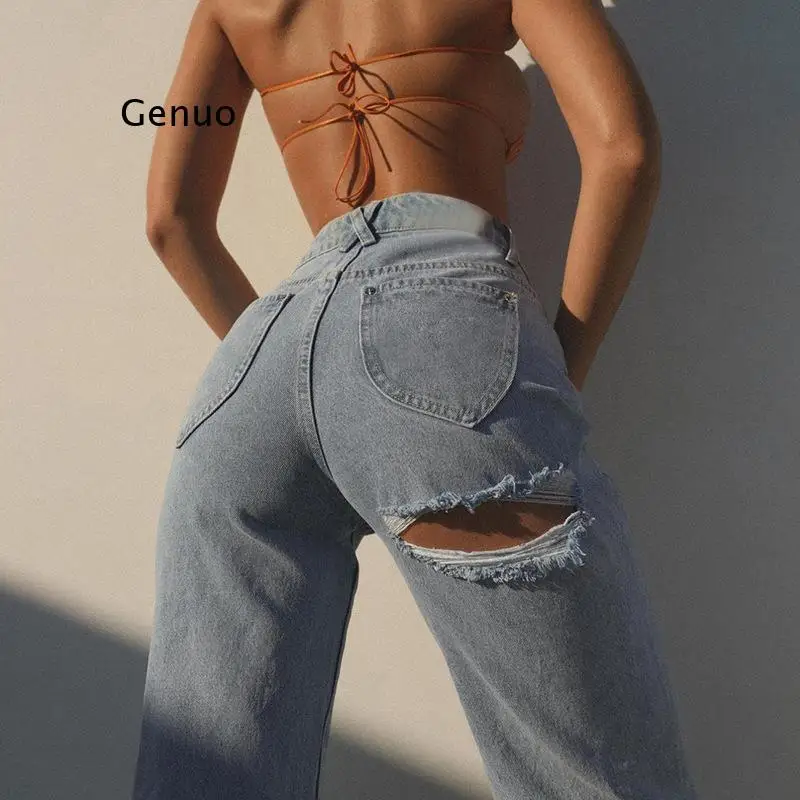 

Summer Spring Jean Pants Women Casual Blue Hollow Out Fashion High Waist Vintage Wide Leg Denim Trousers Sexy