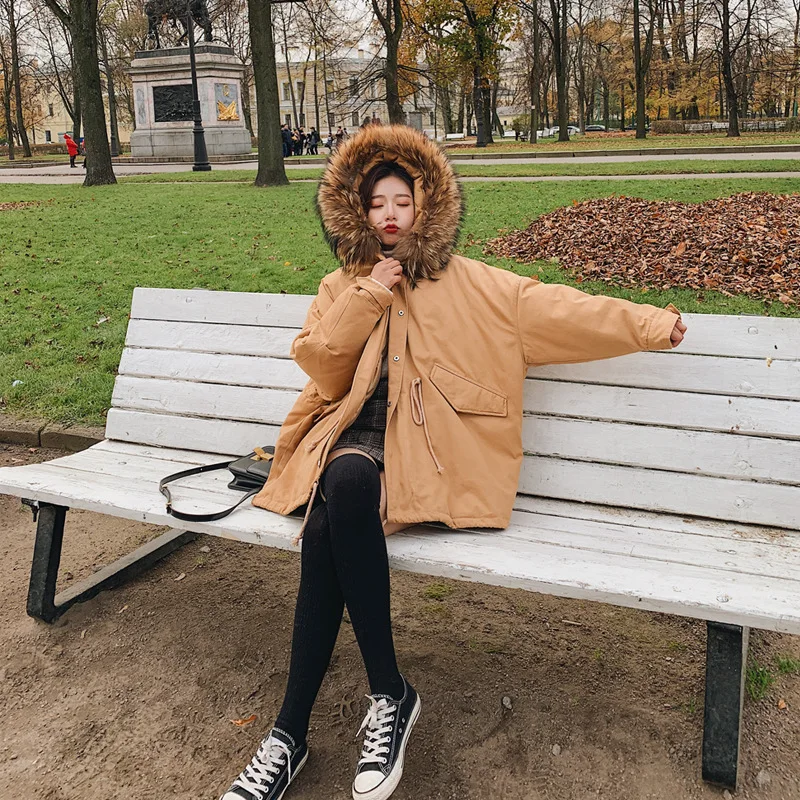 

2018 Autumn And Winter South Korea Cotton-padded Clothes Short Waist Hugging Large Fur Collar Drawstring Cotton Coat Women's Dre