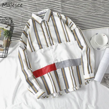 

Shirts Men Turn-down Collar Striped Leisure Loose Patchwork Simple All-match Korean Style Shirt Mens Daily Harajuku Clothing