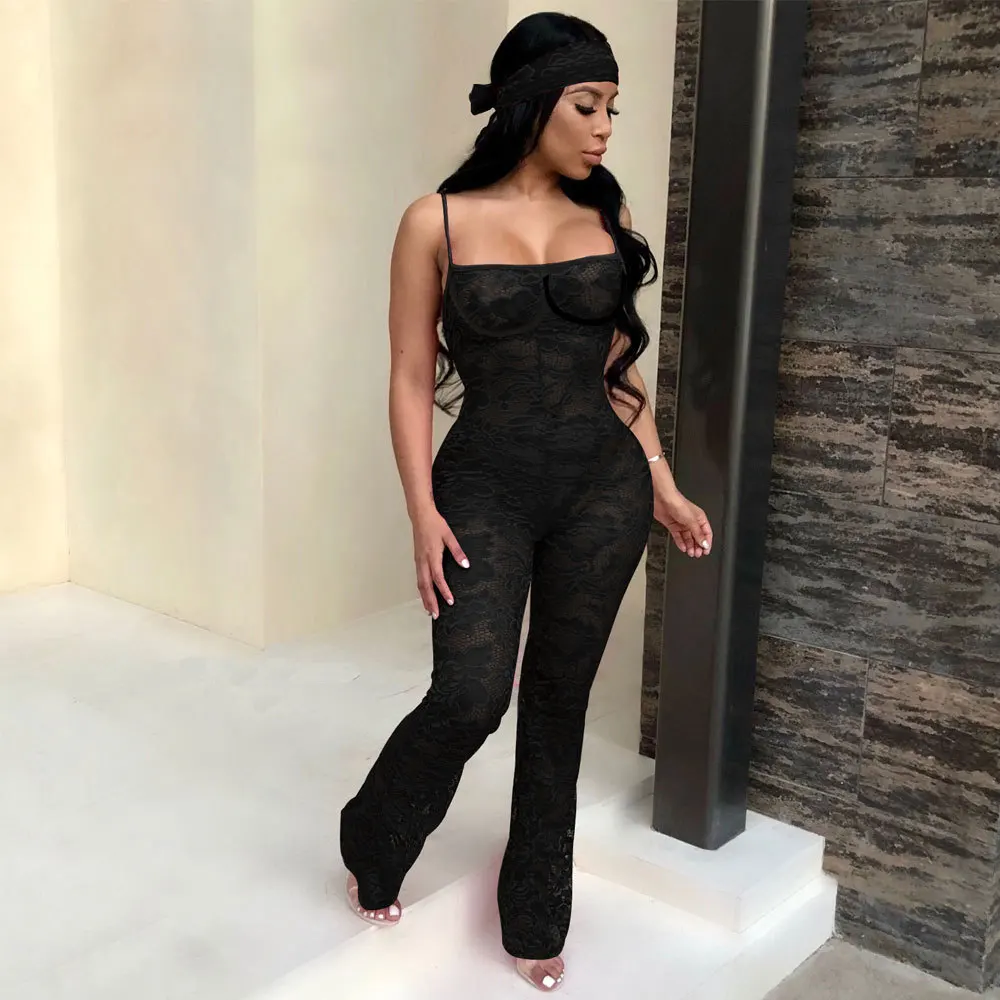Women Camisole Jumpsuit, Lace Tulle Sexy Perspective Sleeveless Elegant Summer Clothing