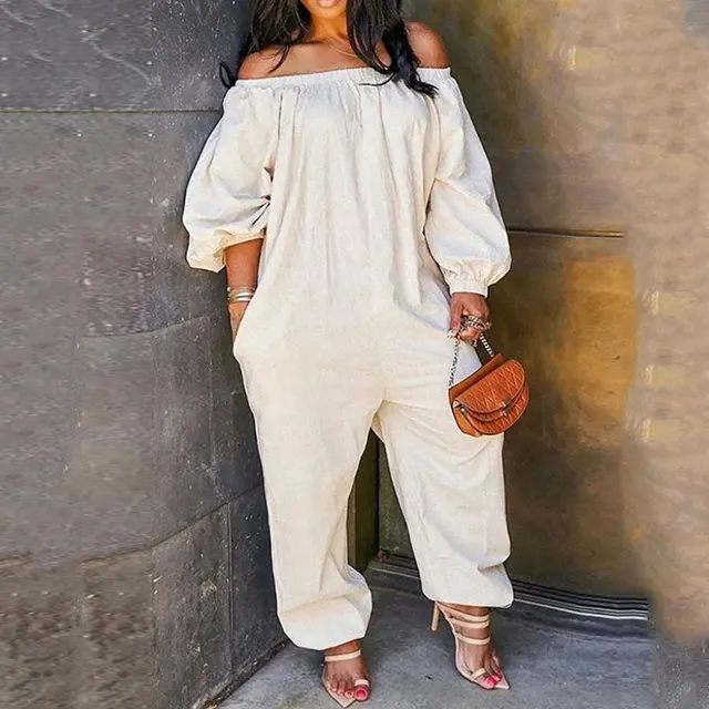 Womens Casual Solid Color Off The Shoulder Lantern Sleeve Loose Jumpsuits Wide Legs Pants with Pockets Plus Size Womens Casual Solid Color Off The Shoulder Lantern Sleeve Loose Jumpsuits Wide Legs Pants with Pockets Plus Size