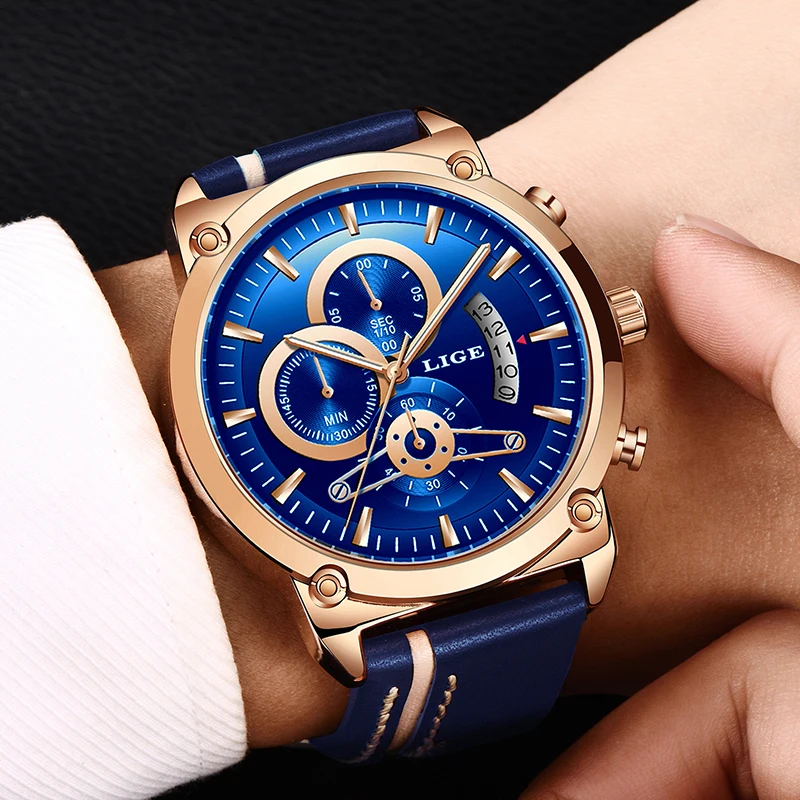 Reloj Hombre LIGE новые мужские синие золотые мужские наручные часы повседневные кожаные аналоговые кварцевые часы для мужчин Военный Спортивный Хронограф