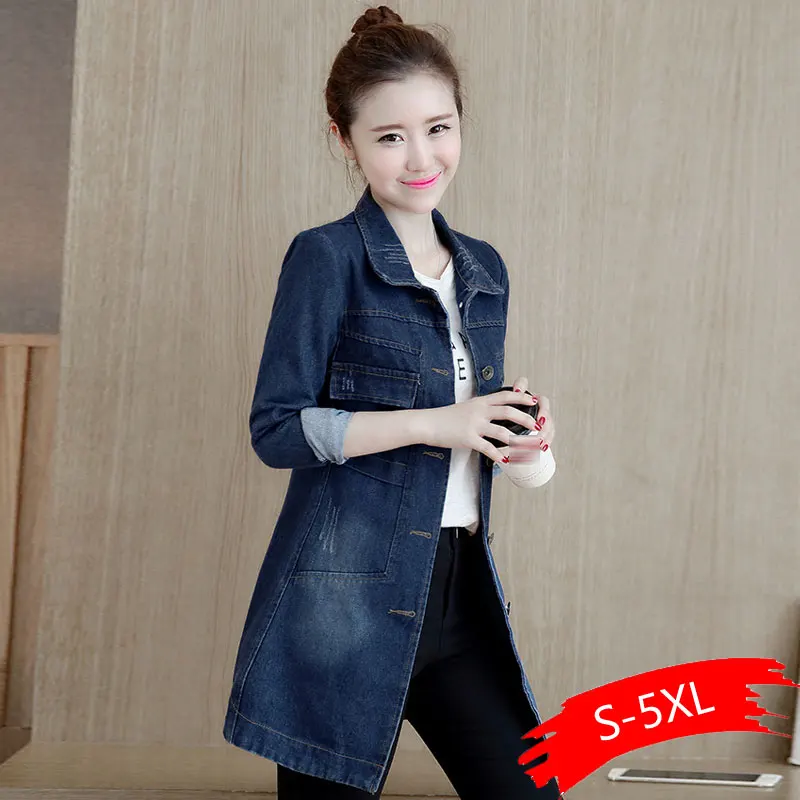 lower price  Autumn Winter Korean Denim Jacket Women Slim Long Base Coat Women's Frayed Navy Blue Plus size Jean
