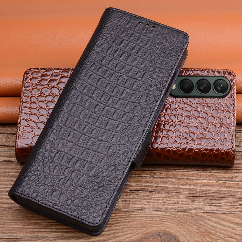 Genuine Cowhide Leather Flip Wallet Case for Samsung Galaxy Z Fold5 Fold 5 4 3 Magnetic Buckle Alligator Crocodile Grain Cover