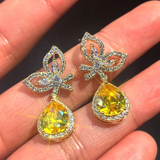 Huitan Gorgeous Dangle Earrings Women For Wedding Party Bright Yellow Cubic Zirconia Elegant Female Accessories Fashion Jewelry 3