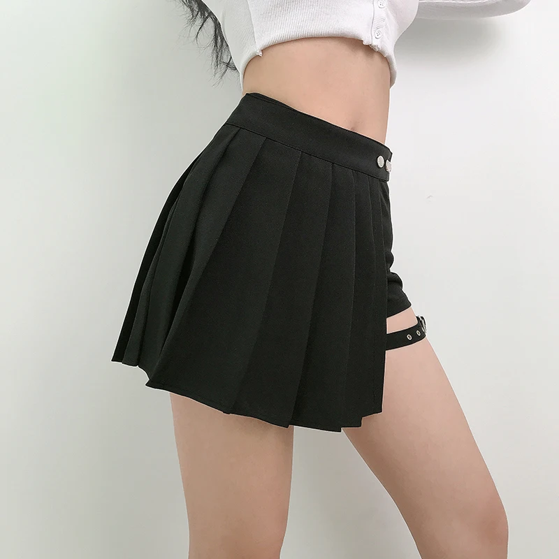 Pleated Girls Gothic Half Skirts Summer Harajuku Punk Style Plaid Irregular Skirts Women Asymmetrical High Waist Black Skirts plaid skirt